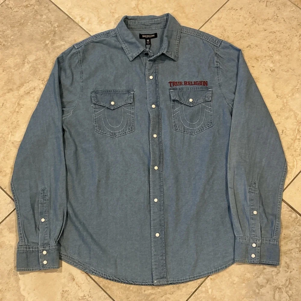 True Religion HS Chambray Long Sleeve Shirt Men M Blue Light Blissful Pearl Snap